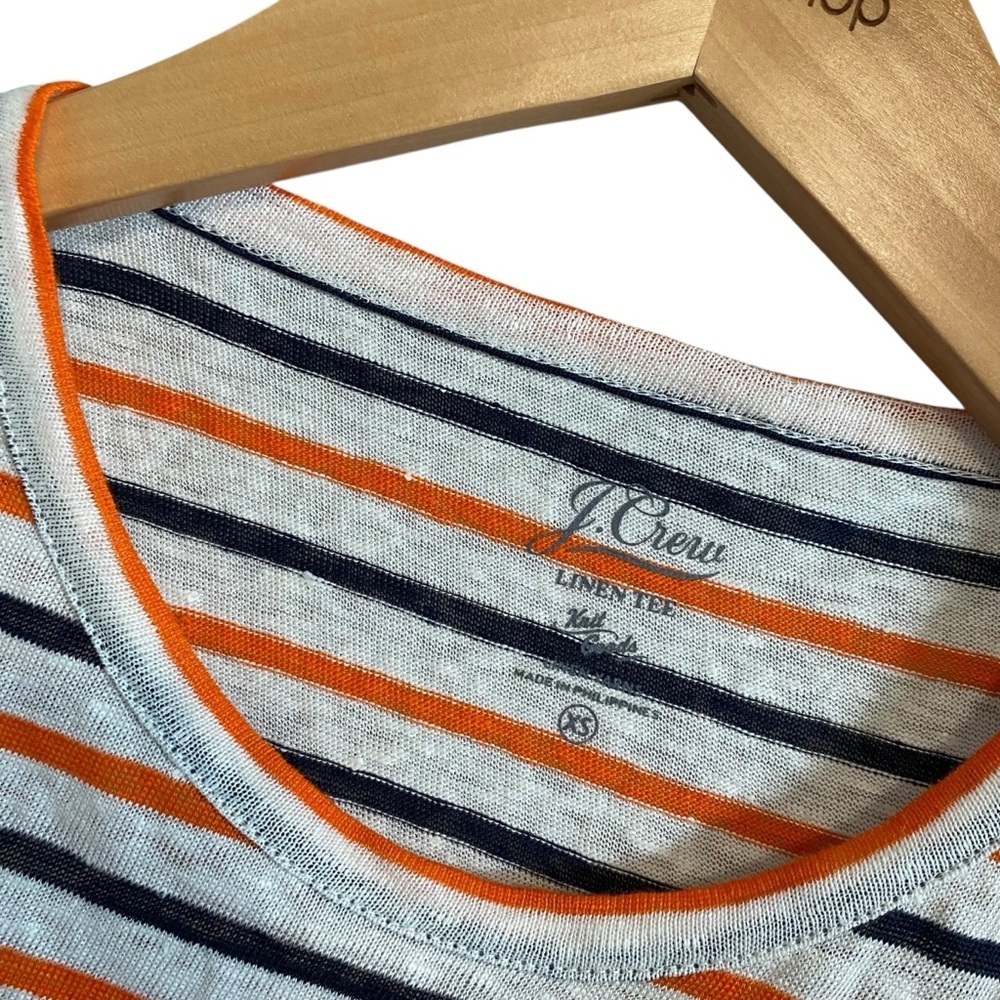 NWT J.Crew White Navy and Orange Stripe Ruffle Short Sleeve Linen Tee Size XS - Picture 4 of 6
